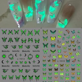 Butterfly Nail Art Stickers Decals 6 Sheets 3D Self-Adhesive Nail Decals Spring Summer Nail Art Supplies Luminous Glow Butterfly Moon Star Sun Nails Design Accessories for Women Manicure Decorations