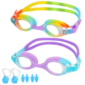 Lychico Kids Swimming Goggles (2 Pack Kids Goggles Anti-Fog UV Resist Leak Proof Swimming Goggles for Kids Boys Girls (Rainbown/LakeBlue&Purple)
