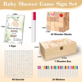 ELESTONE 119 PCS Baby Shower Blocks Game Set with Wooden Box and Decorative Square Sign, 44 DIY Blank Wooden Blocks, 24 Colored Markers, 49 Stencils, Unique Baby Shower Ideas Activities for Guests