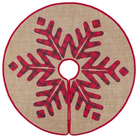 N&T NIETING Christmas Tree Skirt, 30 Inch Rustic Burlap Tree Skirt with Large Black and Red Plaid Snowflake Printed Christmas Tree Mat for Xmas Tree Holiday Party Decoration
