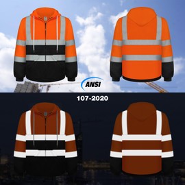 TCCFCCT Hi Vis Work Hoodies for Men Women Class 3 Safety Jacket Reflective with Zipper, High Visibility Hoodie for Men Construction, Surveyors, Durable & Dirt-resistant with Black Bottom, Orange 2XL