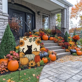 Fall Cat Pumpkin Garden Flag for Outside 12x18 Inch Double Sided Burlap Autumn Thanksgiving Leaves Sunflower Flowers Farmhouse Holiday Rustic Outdoor Yard Flag Home Decorations
