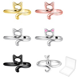 QFGasre 6 Pcs Knitting Crochet Loops Rings for Fingers Metal Open Yarn Guide Adjustable Cat Crochet Tension Rings Faster Knitting Thimbles Holders Accessories for Crocheting Cat Finger Guard Rings