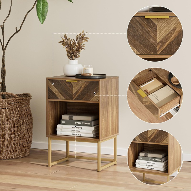 Masupu Nightstand,Modern Night Stand Boho Farmhouse Wood Bedside Table with