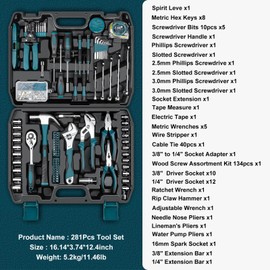 Sundpey Home Tool Kit 281-PCs - Portable Complete Basic Repair General Hand Tool Sets for Men Women - Full Tool Set with Socket Wrench Set & Screwdriver Set & Metric Hex Key & Pliers & Tool Box Case