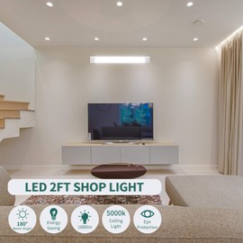 KUKUMAO 5000K Plug-in LED Tube Light Fixture, 18W Linkable Cabinet Light for Garage, Kitchen, Bathroom, Closet, Office - 2Ft, Triproof, White