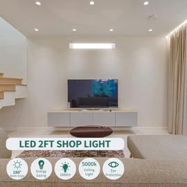KUKUMAO 5000K Plug-in LED Tube Light Fixture, 18W Linkable Cabinet Light for Garage, Kitchen, Bathroom, Closet, Office - 2Ft, Triproof, White
