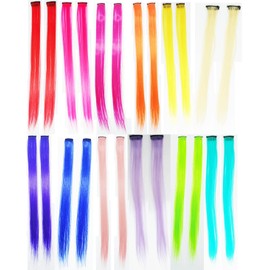 Colored Clip in Hair Extensions 22Inch Rainbow Heat-Resistant Straight Highlight Hairpieces Cosplay Fashion Christmas Party Gift hair extensions clip in color kids Girls(12 Different Color in 24 pcs)