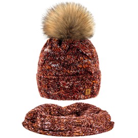 Mfaz Morefaz Ltd Winter Beanie Women's Hat and Scarf Alpaca Wool Worm Fleece Pom Pom -