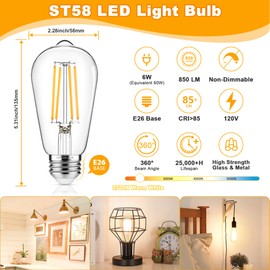 ASOMST Vintage Edison Bulbs 60W Equivalent 850LM, 6W LED Light Bulb Warm White 2700K, ST58 Filament Lighting E26 Base, Non-Dimmable, Pack of 6