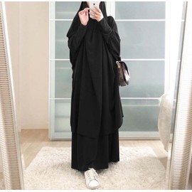 Muslim Solid Colour Loose Two Piece Prayer Dress Full Cover Hooded Islamic Abaya Kaftan with Hijab Conservative Clothing Prayer Dress Ramadan for Ethnic, Evening, Party (Black), black