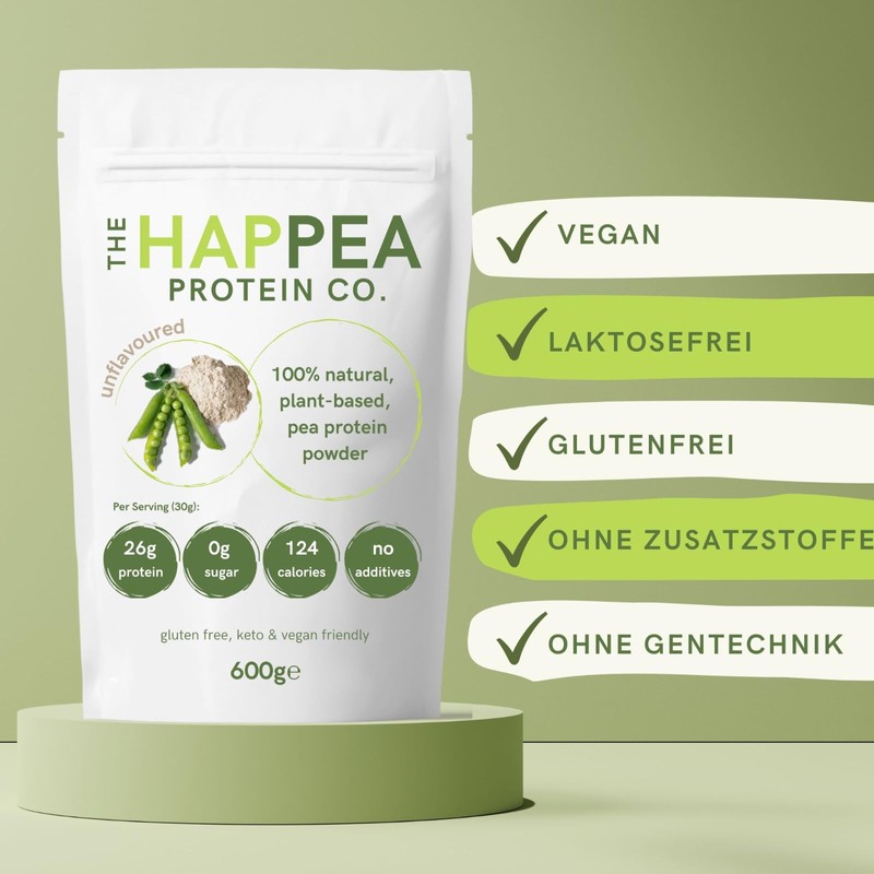 HAPPEA 100% Pea Protein 600 g, Vegan Protein Powder, Purely