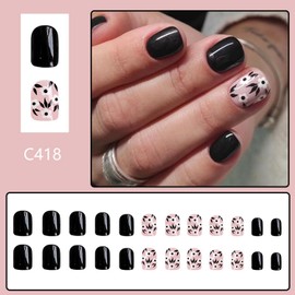 Short Press on Nails Black Fake Nails Spring Summer Flower Acrylic Nails Full Cover Simple Glossy Stick on Nails Fashion Manicure Gift for Women Girls24pcs