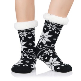 Durio Women's Slipper Socks Inner Lining Cuddly Socks Warm Winter House Socks Non-Slip, Black with snowflakes