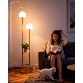 Lightdot 63IN Gold Floor Lamp with Table, 2 Globe Mid Century Standing Lamps with Warm White LED Bulbs, Unique U-Pole Vintage Tall Floor Lamp for Living Room/Wedding/Party/Sofa Beside/Corner Decor