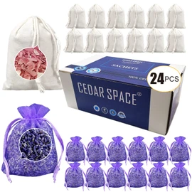 Cedar Space Lavender Sachet Bags for Drawers and Closets(24 Pack),Potpourri Bags,Dried Lavender Flowers,Cedar Blocks for Clothes Storage Scent Air Freshener, Cedar Chips Lavendar for Home Fragrance