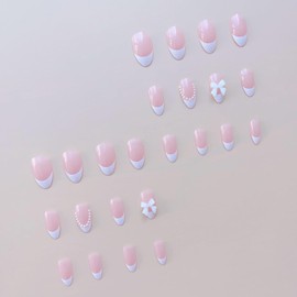 Press On Nails, Beauty Pattern Summer Cute Glue on Nails, Fake Nails, Short Square Almond Ballet Shape on 24PCs (Short Almond Bow)