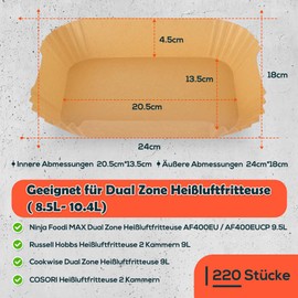 BYKITCHEN Pack of 220 Airfryer Baking Paper for Ninja Foodi Max Dual Zone Hot Air Fryer AF400EU, Baking Paper for Hot Air Fryer, 2 Chambers 9L & 9.5L, Accessories for Other Double Chamber/Duo Air