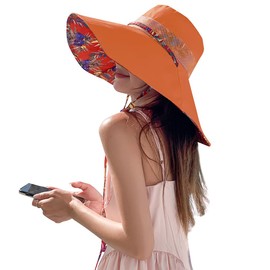 6" Extra Wide Brim Sun Hats UPF 50+ UV Protection Packable Beach Hat Strap Women (Orange)