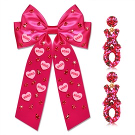 NLCAC Valentines Hair Bows for Girls XOXO Heart Hair Bows Clip Beaded XOXO Valentines Earrings Valentines Day Gifts for Her Hot Pink-XOXO