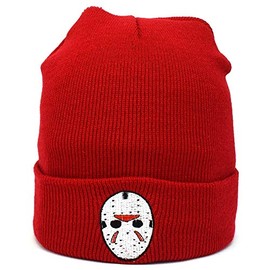 Jason Embroidery Mask Cuffed Beanie Skully Men Women Knit Hat Winter Cap (Red)