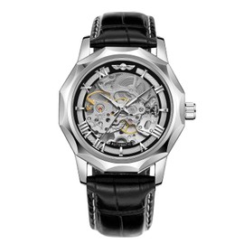 FORSINING Mens Automatic Mechanical Dodecagon Skeleton Roman Numerals Genuine Leather Strap Tourbillon Watch, silver, black, Classic