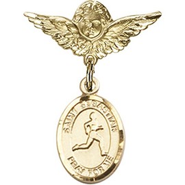 Gold Filled Baby Badge with St. Sebastian/Track & Field Charm and Angel w/Wings Badge Pin 1 X 3/4 inches