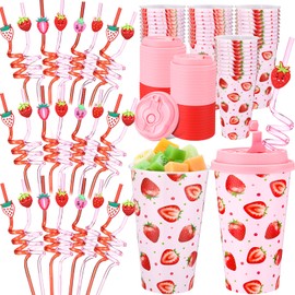 Yungyan 36 Sets Strawberry Party Favors Goodie Cups with Lids and Straws for Birthday Decorations Reusable 16oz Plastic Candy Cups Plastic Straws for Birthday Party (Strawberry)
