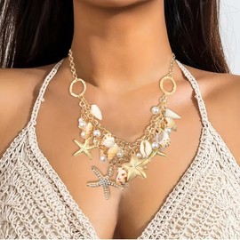 Vynoraxis Seashell Necklace for Women - Adjustable Starfish & Shell Chunky Ocean - Themed Beach Summer Boho necklace
