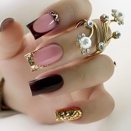 Press on Nails Square Gold French False Nails Glitter Sequins Rhinestones Design Short Nails Full Cover Artificial Nails Acrylic Coffin Nails Reusable Glue on Nails DIY Stick on Nails for Women 24Pcs