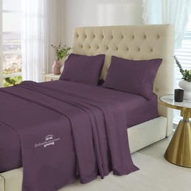 Short King Sheets Set - 4 Pc, Egyptian Cotton 800 Thread Count Cotton Bed Sheets 72 x 75 RV, Hotel Quality Cotton Sheets for RV Mattress, Camper Sheets 12" Deep Pocket, Plum Solid