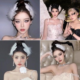 White Swan Feather Hairpin Headwear Artificial Pearl Women Fascinating Hair Clip for Festival Wedding Ballet Costume Hair Accessories Party Stage Performance 4Pcs