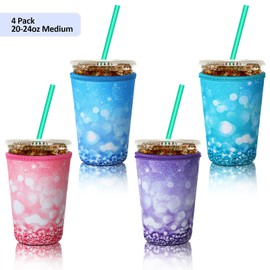 Patelai 4 Pieces Reusable Coffee Sleeve Cup Insulator for Cold Drinks Beverages and Holder for Most Coffee (22-24 oz Medium,Glitter Style)