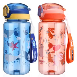 Pack of 2 Children's Drinking Bottles, 600 ml Sports Water Bottle with Straw, Leak-Proof Flip Top Lid, Portable, BPA-Free, Children's Water Bottle, Suitable for Girls and Boys (Blue Dolphin, Orange