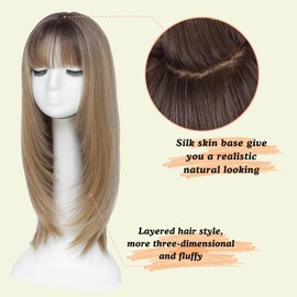 YKHJH Hair Topper,360° 3D Hair Toppers for Women with Thinning,7"X 8" Large Base 22 Inch Long Layered Synthetic Hair with Bangs for Daily Use (Ombre Blonde with Dark Root)