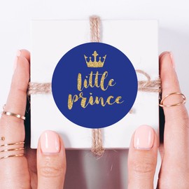 MAGJUCHE Royal Blue Little Prince Crown Stickers, Gold Glitter Boy Baby Shower or Birthday Party Circle Sticker Labels, 2 Inch Round, 40-Pack