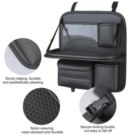 GuangMaii Car Back Seat Organizer Leather, Car Seat Back Protectors Kick Mats Travel with Foldable Food Tray and 7 Big Waterproof Storage Pockets, Inner Caraccessories for Most Vehicles, Black