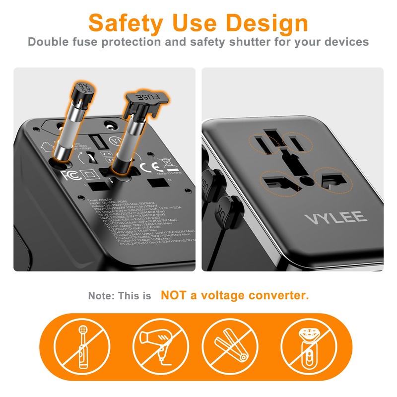 VYLEE European Travel Plug Adapter, 45W Universal Power Adapter with