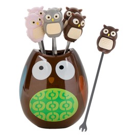 SHIDOW Fruit Fork Set, Cute Animal Food Picks, Stainless Steel Animal Fruit Fork, Party Decor, with Ceramics Holder (Owl)