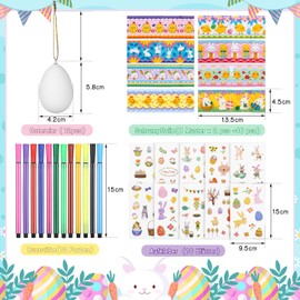 LIHAO Pack of 12 Easter Eggs for Painting White Eggs Hanging Easter Decoration with Shrink Film Pens Sticker Easter Egg Colour Crafts