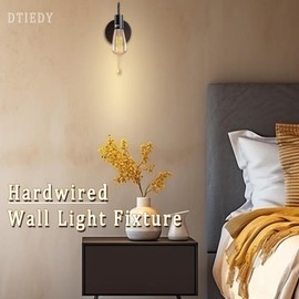 DTIEDY Pull Chain Wall Light Fixture 1-Light Wall Sconce with On Off Switch Hardwired Black Wall Sconces Indoor Vintage Industrial E26 Wall Lighting for Bedroom Hallway Bathroom, Bulb not Included