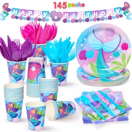JOYIN 145 Pcs Mermaid Birthday Party Supplies with Banner, 24 Serves Mermaid Tableware Set with Plates, Cups, Napkins, and Cutlery Sets for Mermaid Themes Party Kids 6 7 8 Years