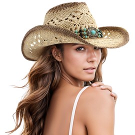 Straw Cowboy Hat for Women and Men, Western Cowgirl Hat Wide Brim Classic Sun Hats Outdoor Beach Hat Hats, Beige-turquoise Decorative Band, One Size
