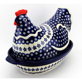 Polish Pottery Market Hen Shaped Covered Baker, Handcrafted by Zaklady Boleslawiec - 11" Length, Polish Stoneware - Oven Safe - Floral Peacock Pattern