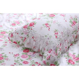 Meaning4 2-Pack Rose Floral Pillow Covers with Ruffle and Lace King Size Pillowcases Pure Cotton 20"x36"