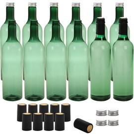 WUWEOT 12 Pack Plastic Wine Bottles, 750ml Empty Bordeaux-Style Liquor Bottle, Green Long Neck WIne Bottles with Screw Lid and Shrink Capsules Caps
