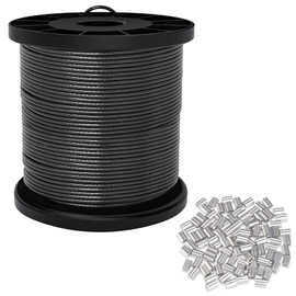 Wire Rope,1/16" Bare OD,0.078" Coated OD,Black Vinyl-Coated 304 Stainless Steel Wire Cable,164 FT Outdoor Light Guide Wire with 100Pcs Crimping Sleeves,Globe String Lights Hanging Kit for Patio,Garden