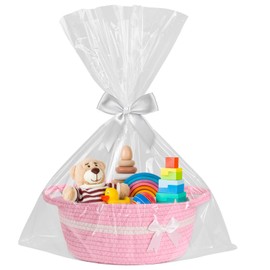 ElysianTails Gift Basket with Bags Ribbons,Hamper Kit with Bows, Empty Cotton Rope Storage Gift Basket with Handles for Baby Shower, Wedding, Birthday,Storage,Easter (Pink)