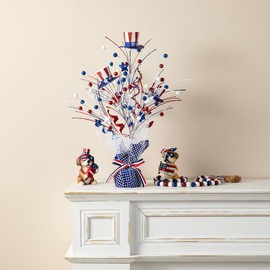 Glitzhome 20”H Patriotic Top Hat Table Tree with Burlap Base, Decorative Berries Stars American Tree Table Centerpiece for Independence Day, Americana Berry Table Tree for National Day 4th of July