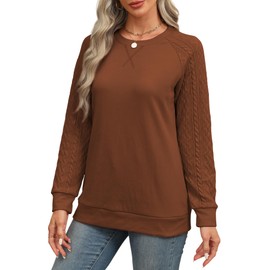 Ohhettm Sweatshirt for Women 2024 Casual Crewneck Cable Knit Long Sleeve Pullover Fall Lightweight Sweaters Tunic Top Caramel M